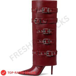 Brand New Grakihily Boots 7.5 Red Stiletto Buckle